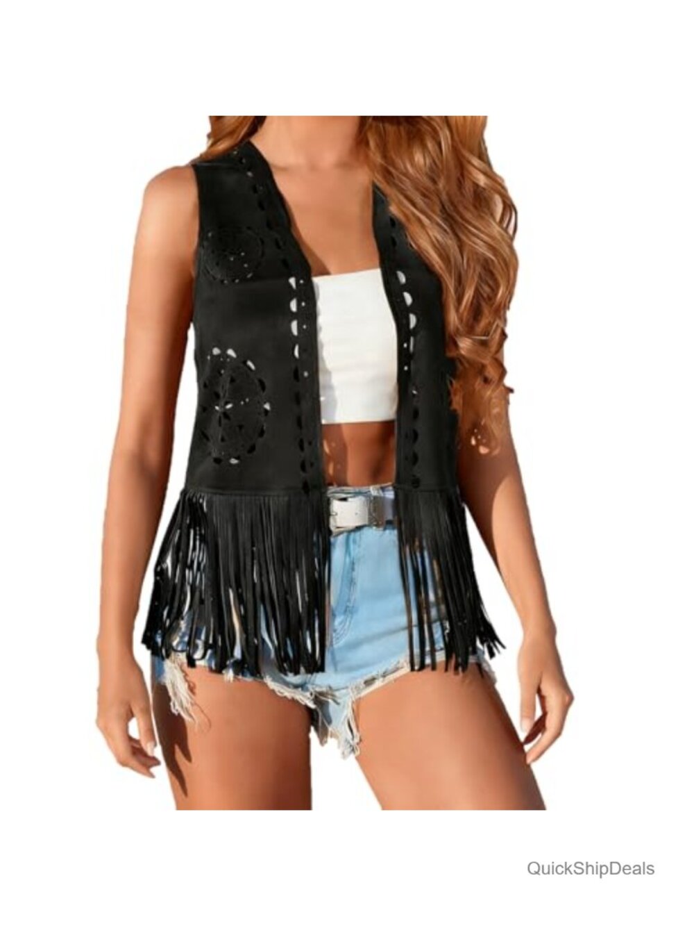 Faux Suede Fringe Vest Tassels Open Front 70s Hippie Cowgirl Layering